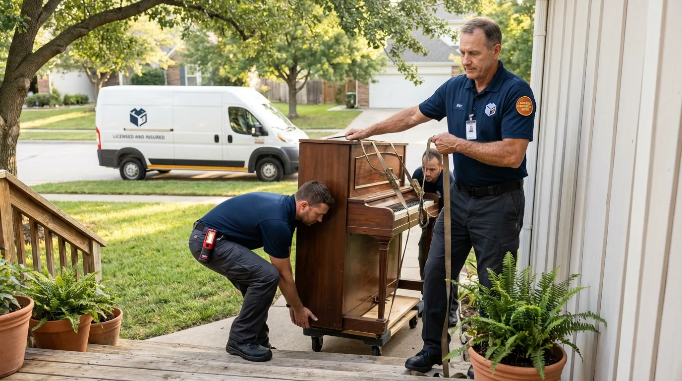Licensed piano movers securing grand piano in Salisbury, MA