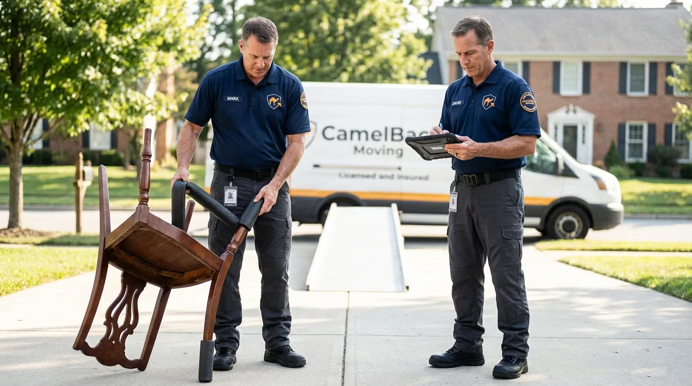 Movers inspecting furniture for damage prevention before loading in Salisbury, MA